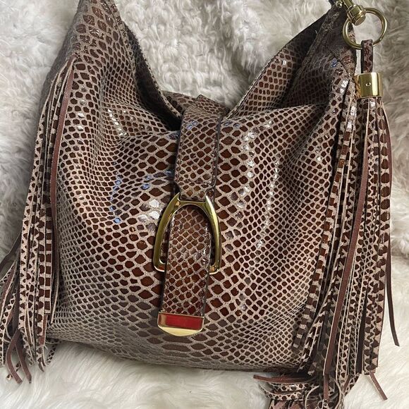G.I.L.I.  Leather Brown snake skin print Medium Boho shoulder bag Tasel accent . - Picture 4 of 12